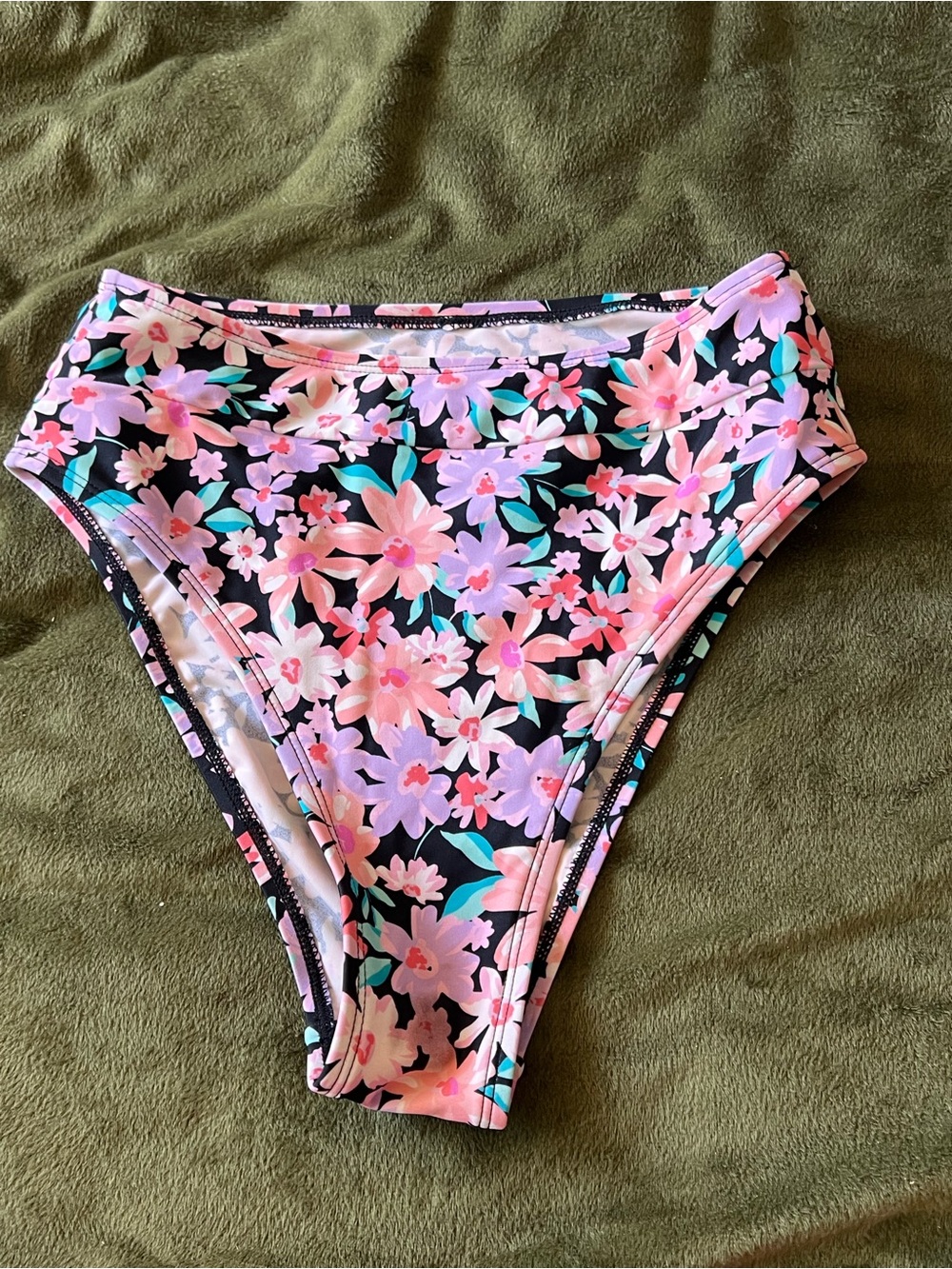 Floral High Waist Bikini Bottoms - Black with Pink & Mint Flowers